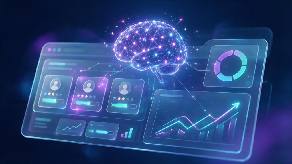 AI במערכת CRM - מוח בינה מלאכותית מנתח נתוני לקוחות, מנקד לידים וחוזה מכירות בדשבורד